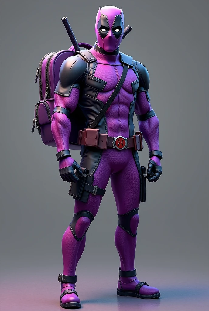 (Photorealism:1.2), Purple Deadpool with backpack
