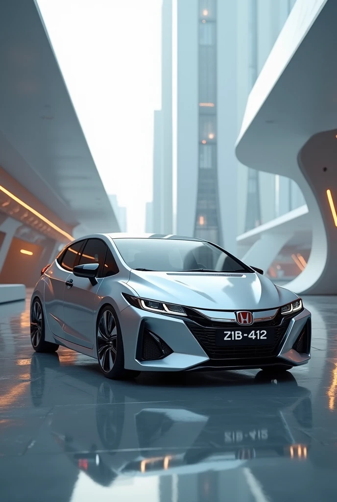 A 2006 Honda Fit car with license plate Z1B-412 in silver for a 9-inch computer screen in a futuristic location in 4k
