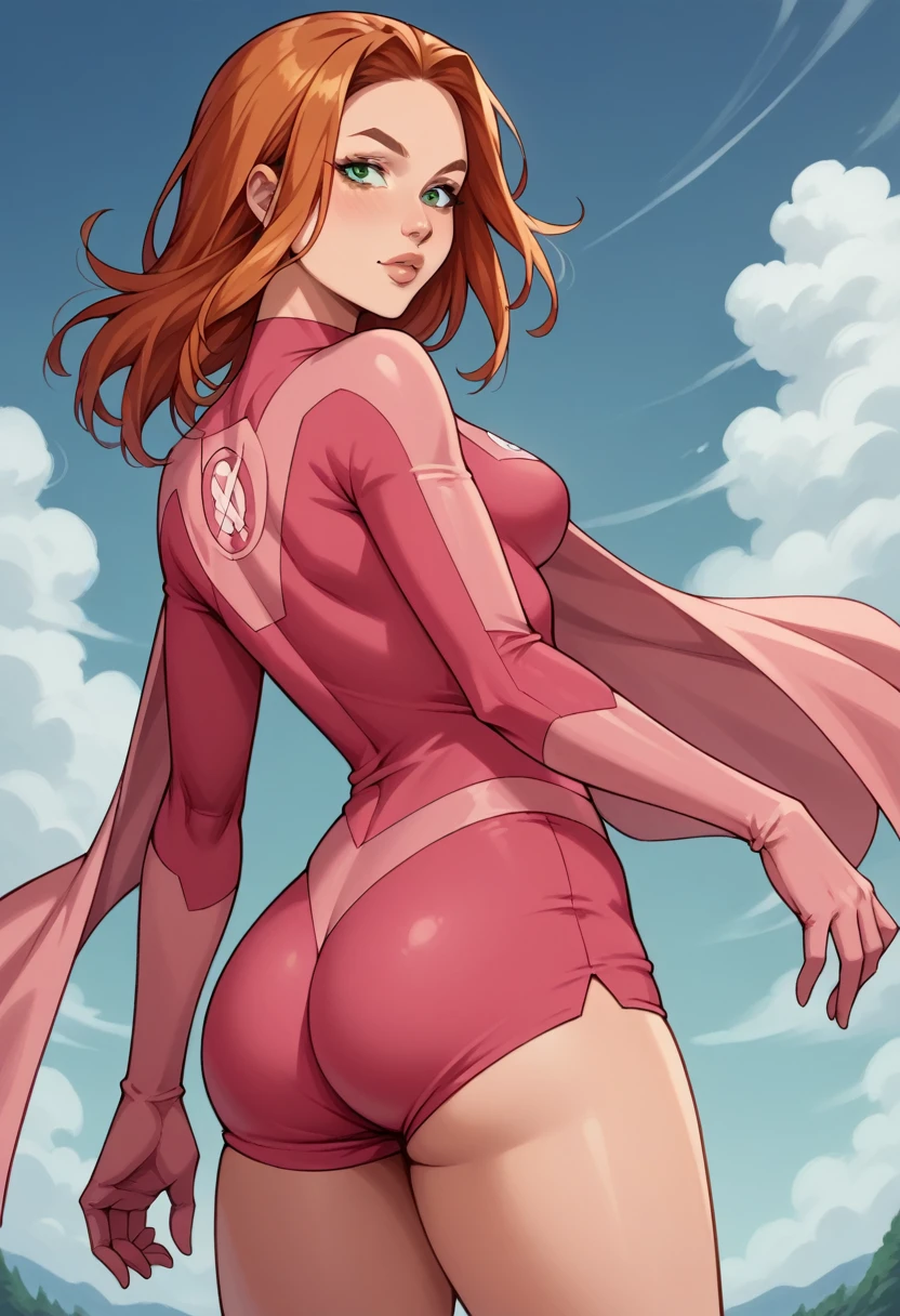 score_9, score_8_up, score_7_up, BREAK, score_9, AtomEveIXL, green eyes, orange hair, long hair, medium breasts, superhero, pink cape, pink bodysuit, light pink shorts, long sleeves, pink elbow gloves, pink shorts, looking at viewer, cowboy shot, ass, from behind, sky