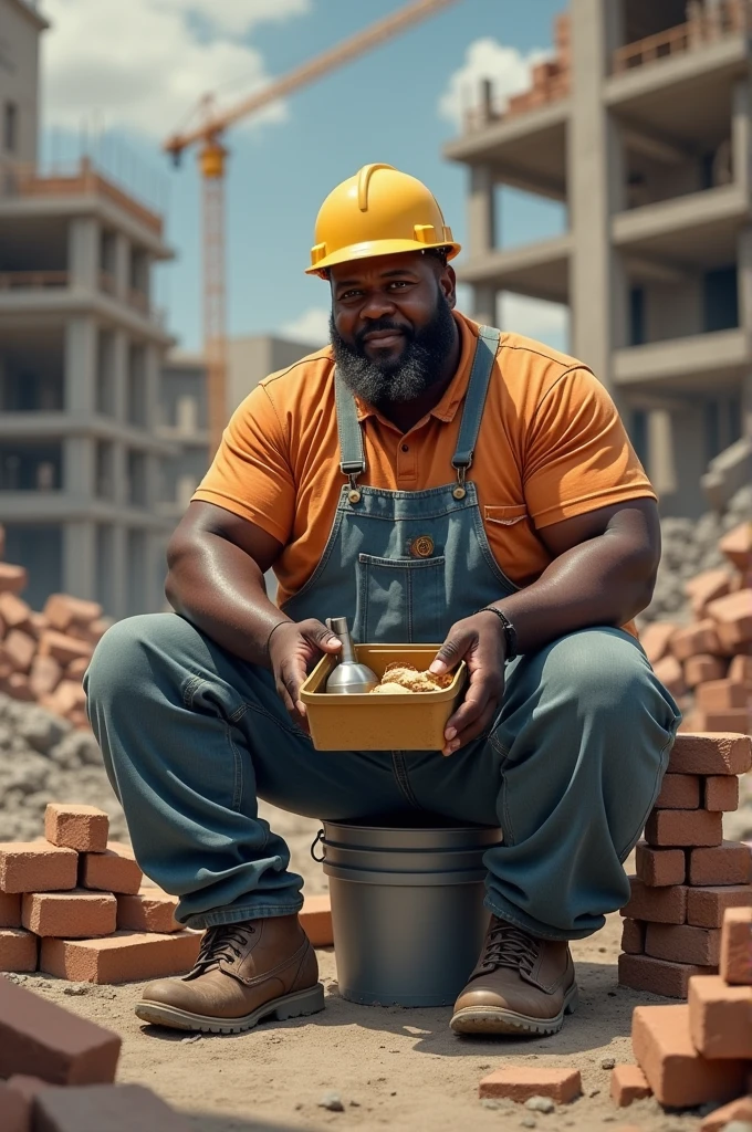 Fat black bricklayer eating lunch box