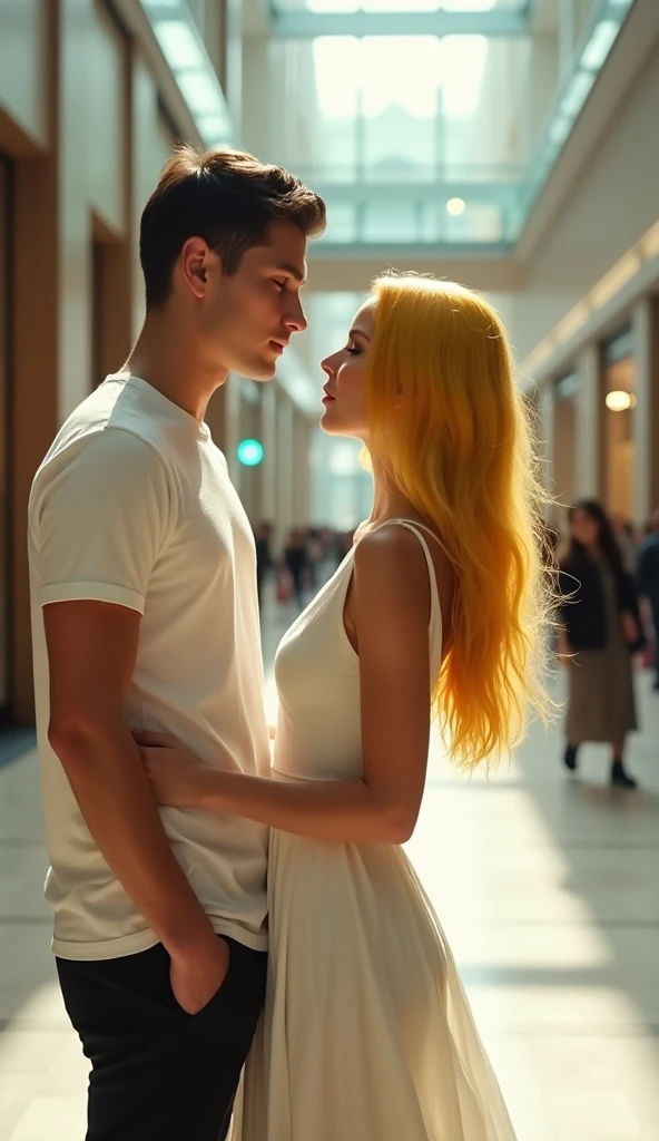 A guy with white t-shirt standing beside a young woman with yellow hair and white sleeveless dress at a shopping mall, cinematic, masterpiece, high-aesthetic, realistic