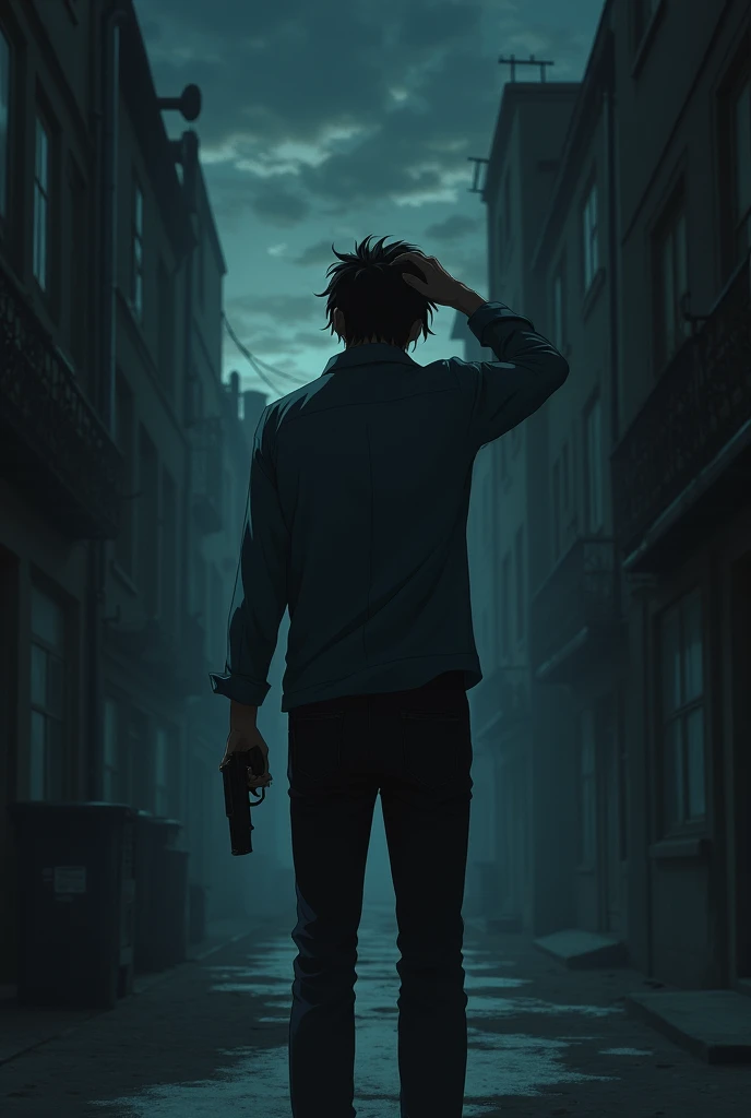 The image is anime style with shadows and dim lights, anime style although somewhat adult and dark, It shows a man with his back turned pointing the tip of a gun at his head with a gun. The background of the image is a street road. it is day