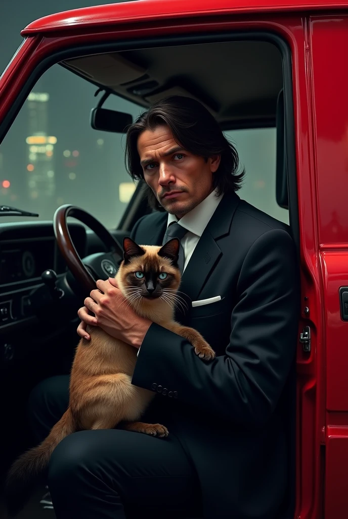 Man with medium-long hair dressed in a black suit with a Siamese cat in his arms in a red Hilux truck with a black background in Grand Theft Auto style