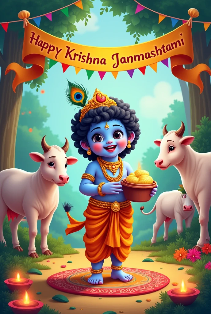 Here’s a detailed image prompt for a Krishna Janmashtami special featuring baby Krishna and festive wishes:
**Prompt**:
"Create a vibrant and festive image celebrating Krishna Janmashtami. The central focus is baby Krishna, depicted with a joyful smile, wearing traditional jewelry and a peacock feather crown. He is holding a butter pot, surrounded by his favorite cows, in a lush, green Vrindavan setting. The background should include a decorated swing adorned with flowers, symbolizing his playful nature. Above, include a banner with the words 'Happy Krishna Janmashtami' in elegant, golden letters, with colorful rangoli designs and oil lamps at the bottom of the scene, enhancing the festive atmosphere."