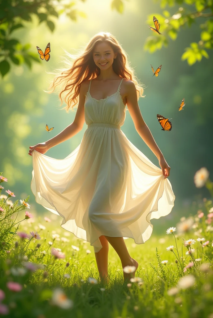,masterpiece, best quality,8k, ultra highres,Reallightandshadow,Cinema lenses,(beautidful eyes:1.1), ((The scene is,The upper part of the body)),dynamicposes,On a green meadow,A gentle goddess came with a gentle step。She wore a white dress,A gentle breeze blows,The skirt dances legs fully show lightly。The sun shines through the leaves on her hair,Reflecting her clear eyes and gentle smile。Colorful butterflies flew around her,Flowers bloomed at her feet,It was as if nature was cheering for her。