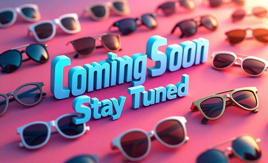 generate an image with coming soon Stay tuned written and in the background there should be more than one scattered sunglasses