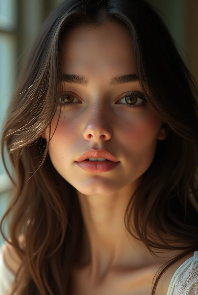 beautiful american girl Fair-skinned," "long, straight, dark brown hair," "chocolate brown eyes," "face is heart-shaped with a widow’s peak," "large, wide-spaced eyes, prominent cheekbones, a thin nose," "a narrow jaw with a pointed chin," and "lips [a bit too full for her jaw line, realistic,