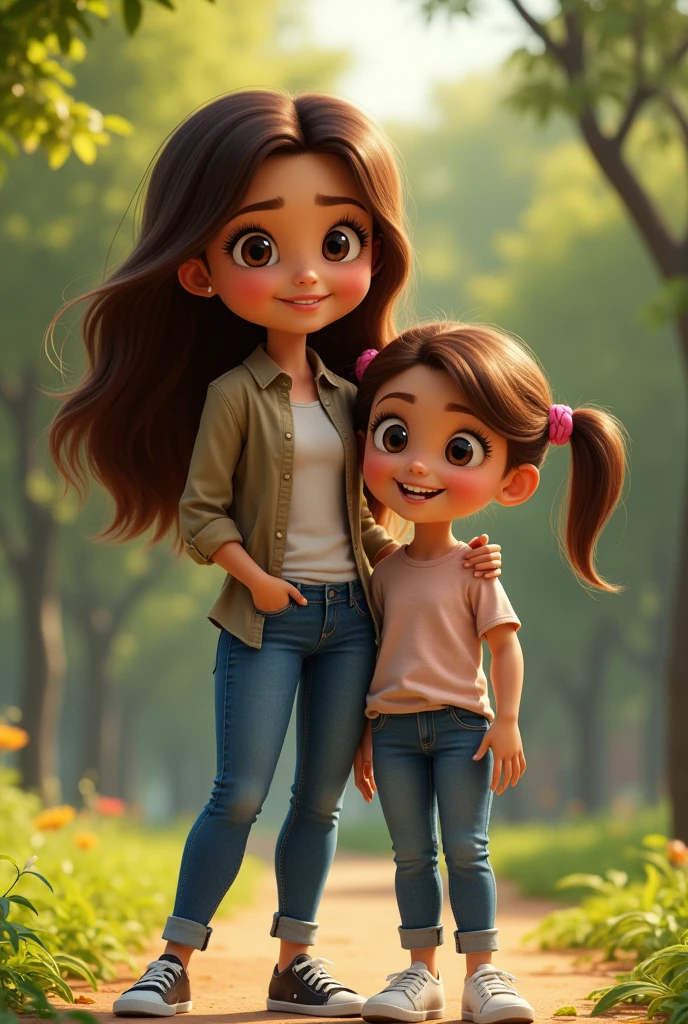 STRONG WOMAN WITH LONG BROWN HAIR IN JEANS AND BLOUSE AND A  GIRL WITH BROWN HAIR WITH PIGTAILS, PIXAR-STYLE JEANS AND WHITE SNEAKERS IN A PARK


