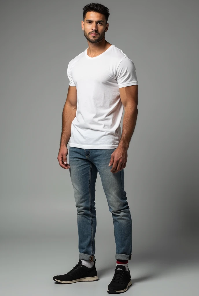 handsome man, standing straight facing forward, with white t-shirt, denim jeans pants, on a grey background, cotton t-shirt texture, fitted t-shirt, round neck, striped tights. Medium camera shot.
