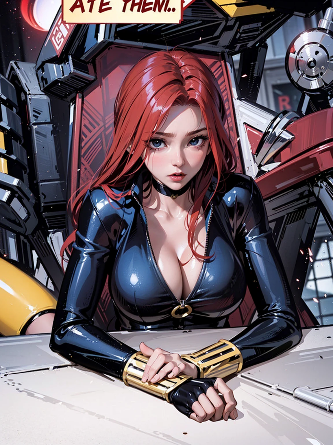 a comic scene featuring a red-haired woman, presumably a character like 'Black Widow'. The woman, dressed in a skin-tight shiny blue latex leather bodysuit with a low-cut neckline revealing a large chest, is seated relaxingly at a white table, her hands resting in her lap with yellow wristbands or guards visible. She is looking downwards, her facial expression suggesting concern or determination.