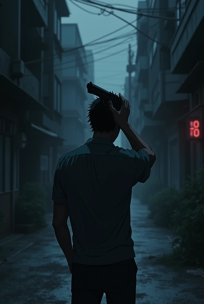 The image is anime style with shadows and dim lights, anime style although somewhat adult and dark, It shows a man with his back turned pointing the tip of a gun at his head with a gun. The background of the image is a street road. it is day