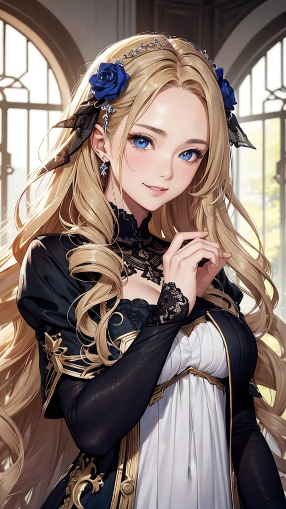 masterpiece、Highest quality、High resolution、High-quality images、8k, 1 female、Skin Radiance、Texture of skin and clothing、Expression of fine eyes、realism, detailed manga style, Manga art style, Perfect line drawing, Beautiful line art, digital manga art girl, Fuller lips, Gorgeous face with attention to detail, (smile), charm, Innocent, Side view, (Perfectly detailed face), (Beautiful Hands) Photorealistic images, Written boundary depth,evening、Adult female、Long Hair、Wavy Hair、Blonde、Bright Blue Eyes、Curly Hair、Big Breasts、Circlet、Black clothes