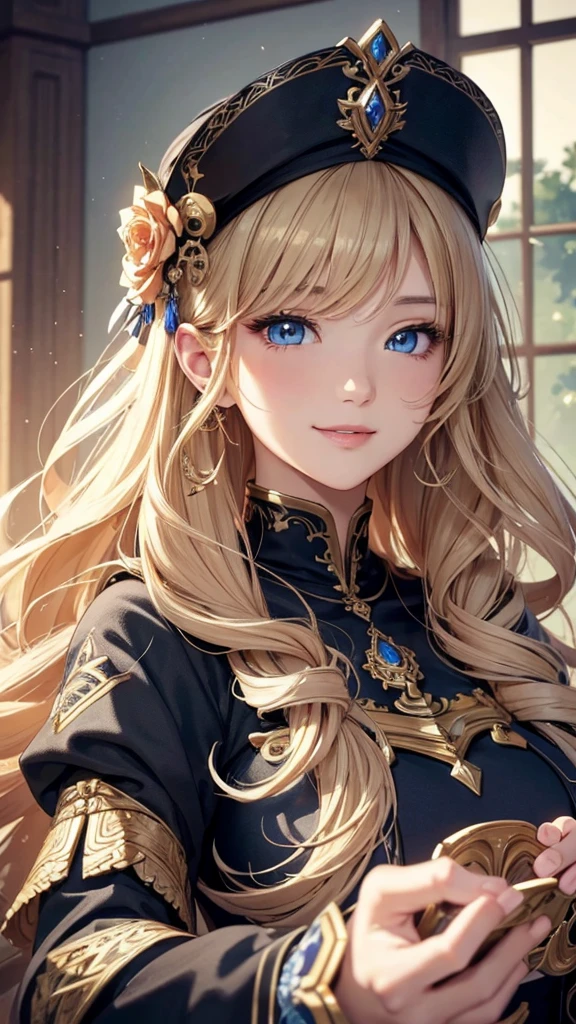 masterpiece、Highest quality、High resolution、High-quality images、8k, 1 female、Skin Radiance、Texture of skin and clothing、Expression of fine eyes、realism, detailed manga style, Manga art style, Perfect line drawing, Beautiful line art, digital manga art girl, Fuller lips, Gorgeous face with attention to detail, (smile), charm, Innocent, Side view, (Perfectly detailed face), (Beautiful Hands) Photorealistic images, Written boundary depth,evening、Adult female、Long Hair、Wavy Hair、Blonde、Bright Blue Eyes、Curly Hair、Big Breasts、Circlet、Black clothes