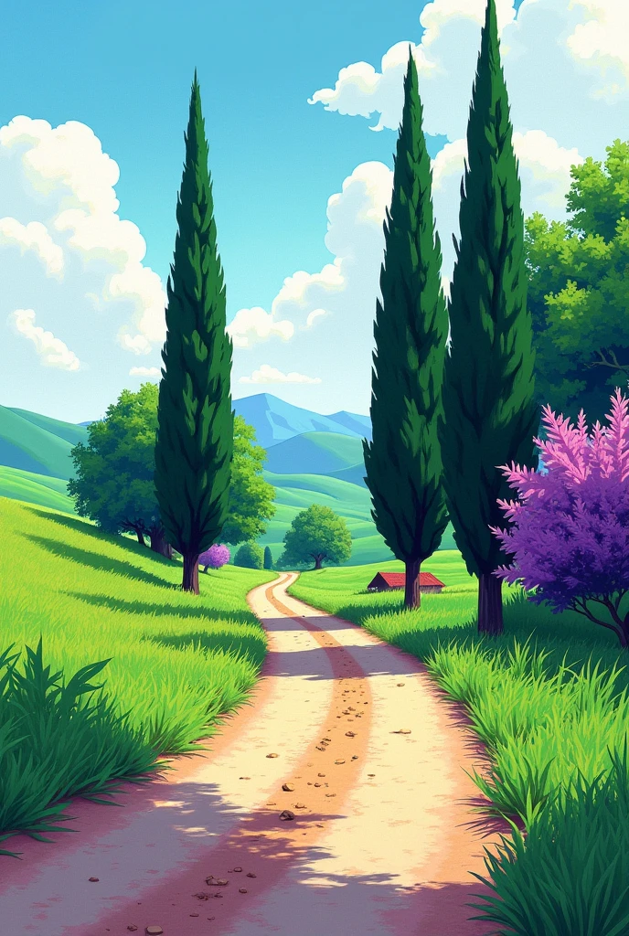 A landscape drawing using the bichrome technique, In the landscape you can see a dirt road with 3 cypress trees (two on the RIGHT and one on the LEFT, the one on the LEFT a little further away than the other 2 ), straw in the grass and a hill or hills behind. The colors should be bright and cheerful BICHROMY; GREEN AND PURPLE are the colors of the entire drawing.
technique: BICROMIA
