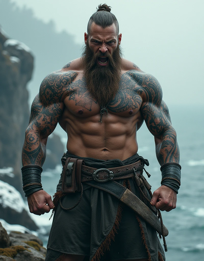 naughty man, strong muscular body tattoo, viking, angry