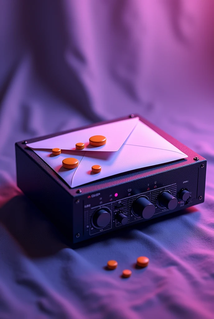 Amplifier with a letter envelope on top and orange pills on top , all this with purple lighting
