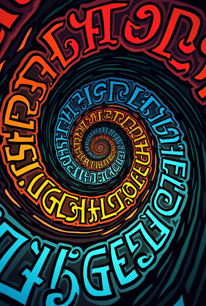 Create a front image with the words written on it " THE FONG FOD" It is a HYPNOTIC SPIRAL pattern, with many of the following words arranged in order from largest to smallest.