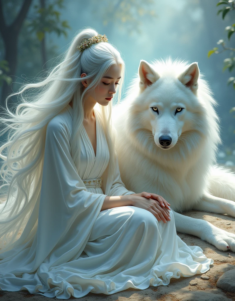 a chinese woman with long white hair sitting on the ground with a white wolf next to her, mystical art, fantasy art, epic digital painting, epic digital art illustration, wlop painting style, wlop art
