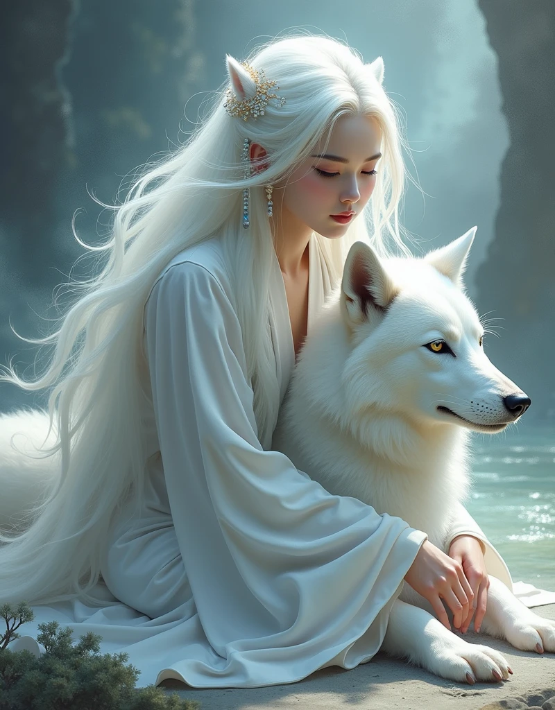 a chinese woman with long white hair sitting on the ground with a white wolf next to her, mystical art, fantasy art, epic digital painting, epic digital art illustration, wlop painting style, wlop art
