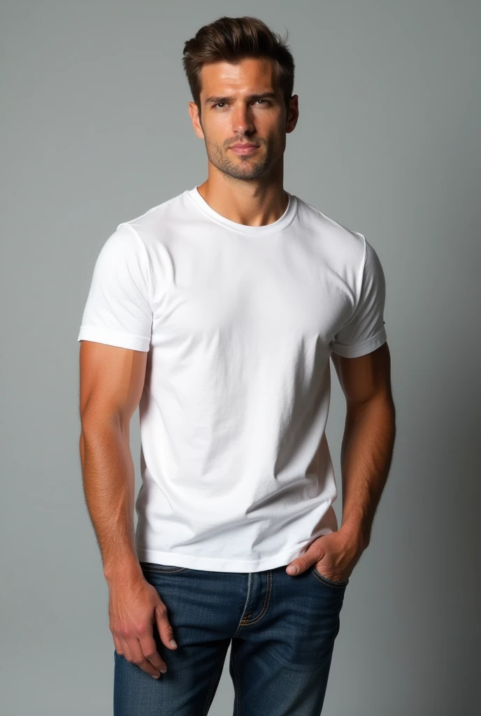 handsome man, standing straight facing forward, with white t-shirt, denim jeans pants, on a grey background, cotton t-shirt texture, fitted t-shirt, round neck, striped tights. Medium camera shot.