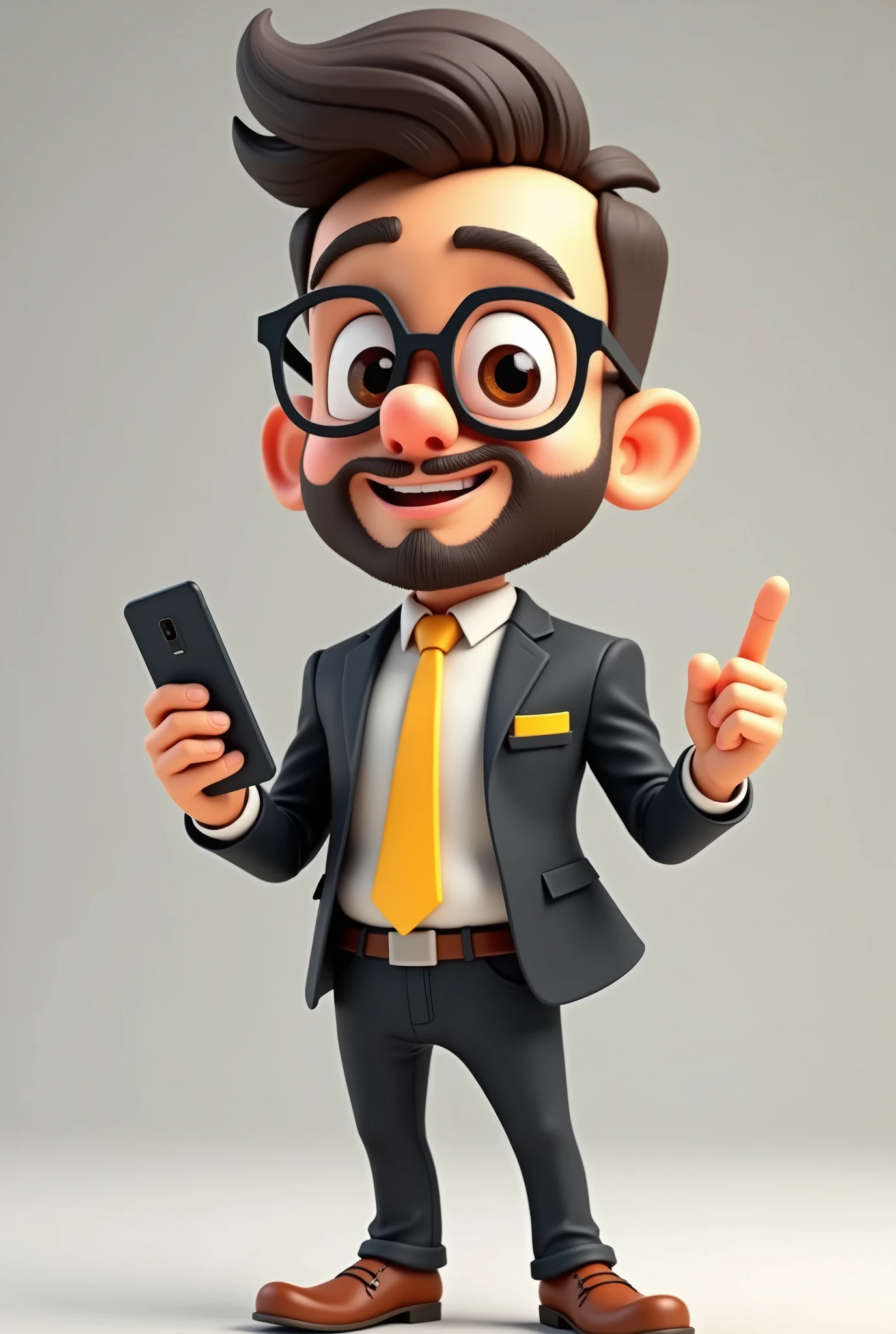 Claro! Vamos adicionar o celular ao script:
A full-body 3D cartoon-style character. He has a friendly and charismatic appearance. The character is a young man with light skin, a beard, and dark brown hair styled upwards, thick eyebrows, large brown eyes, and wears glasses. He is smiling confidently.
The character is dressed formally, wearing a black suit, a white shirt, and a yellow tie. In the pocket of the suit jacket, there is a yellow pocket square, matching the tie.
He stands with one hand holding a cellphone, while his other hand is pointed upwards, conveying a sense of excitement and engagement. The cellphone is held up with a relaxed grip, as if he is either showing it off or preparing to use it. His posture and gestures suggest he is animated and energized, adding a dynamic and lively element to his appearance. The background of the image is neutral, which further highlights the character.