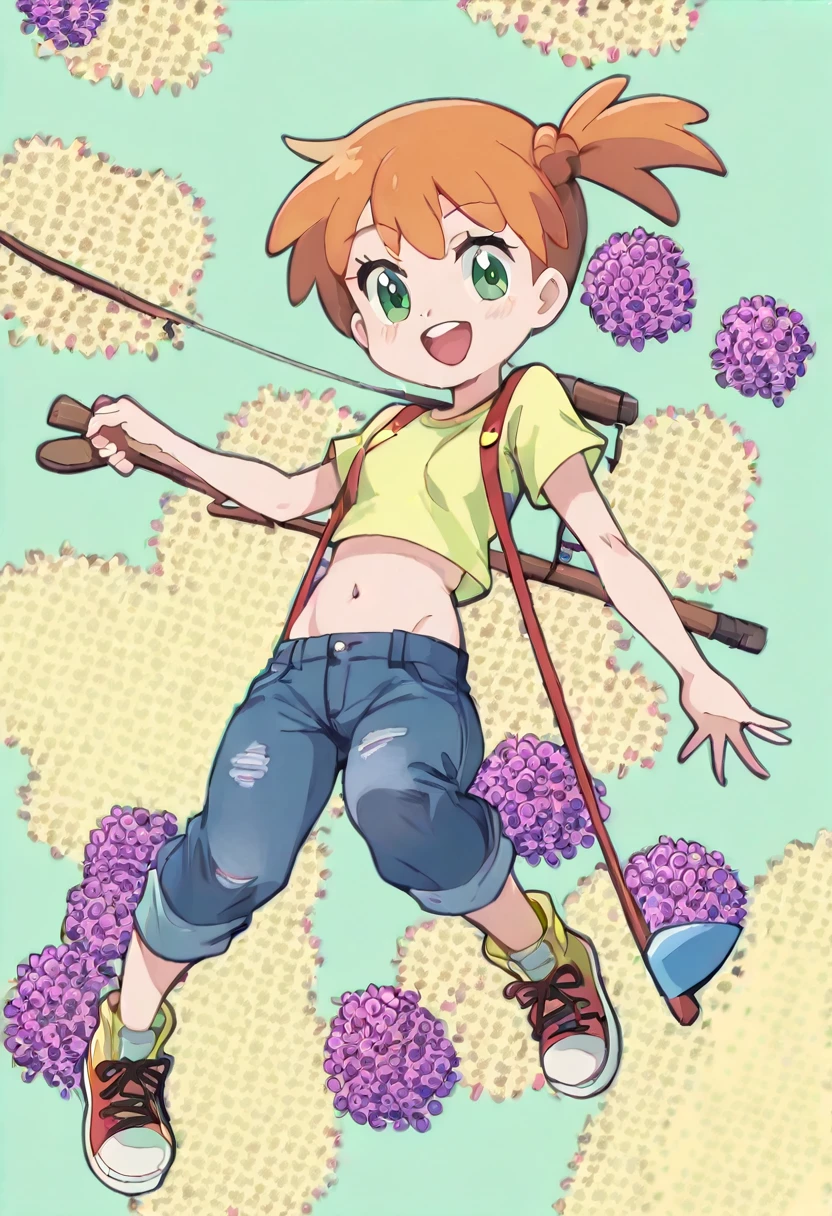 Wallpaper,masterpiece,High resolution,8K
(Misty_Pokemon)(1ld girl)
(Berry Short,Orange Hair,one side up hair,Big green eyes,Small breasts,Skinny)
(Yellow sleeveless T-shirt,Belly button exposed,Denim hot pants,Red suspenders,sneakers)
I can feel the spirit in my eyes., Chibi Cute, 1girl, solo, full body, Fisherman costumet, fishing rod on shoulder, riding on a sea turtle, smile with open mouth, simple background