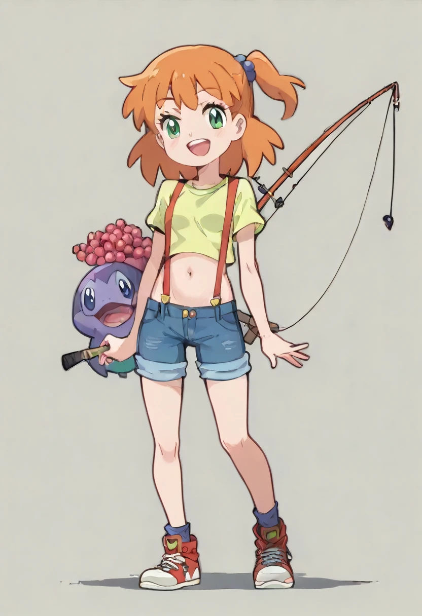 Wallpaper,masterpiece,High resolution,8K
(Misty_Pokemon)(1ld girl)
(Berry Short,Orange Hair,one side up hair,Big green eyes,Small breasts,Skinny)
(Yellow sleeveless T-shirt,Belly button exposed,Denim hot pants,Red suspenders,sneakers)
I can feel the spirit in my eyes., Chibi Cute, 1girl, solo, full body, Fisherman costumet, fishing rod on shoulder, riding on a sea turtle, smile with open mouth, simple background