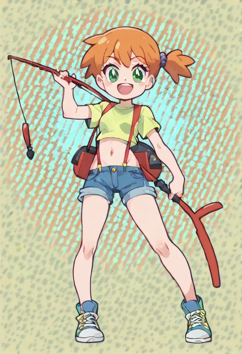 Wallpaper,masterpiece,High resolution,8K
(Misty_Pokemon)(1ld girl)
(Berry Short,Orange Hair,one side up hair,Big green eyes,Small breasts,Skinny)
(Yellow sleeveless T-shirt,Belly button exposed,Denim hot pants,Red suspenders,sneakers)
I can feel the spirit in my eyes., Chibi Cute, 1girl, solo, full body, Fisherman costumet, fishing rod on shoulder, riding on a sea turtle, smile with open mouth, simple background