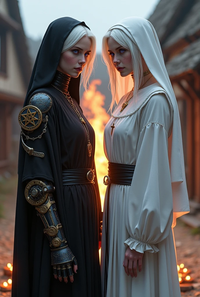 Two albino girls from the Middle Ages with white hair and violet eyes with their backs turned to each other, the one on the left wearing black alchemist clothes and her left arm with a steampunk prosthesis with a pentagram, and the sister on the right wearing white nun clothes and a cross necklace., facing a bonfire in a village.