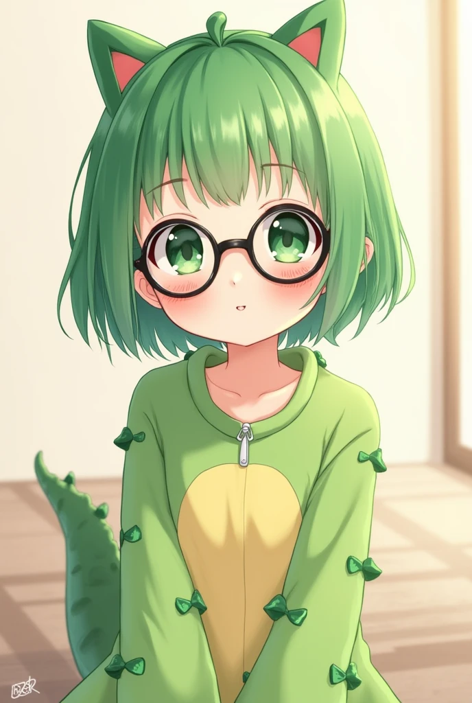 A cute anime girl with short green hair wearing a crocodile pajama, round black glasses, no background, high quality, detailed, cute, adorable, 1girl, vibrant colors, soft lighting, digital art, minimalist, simple background