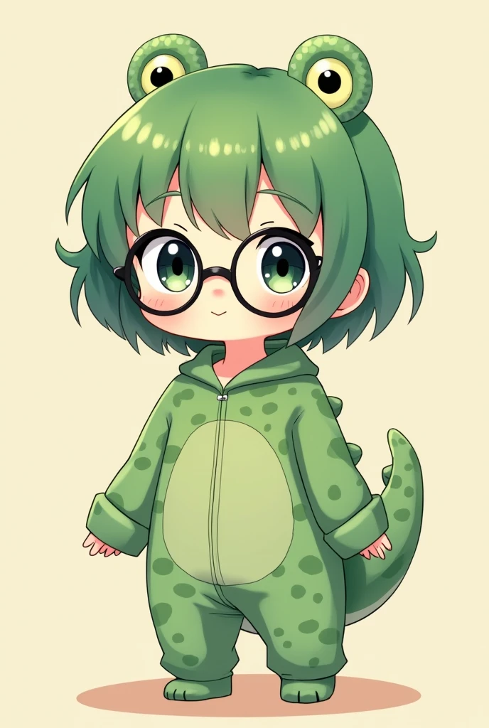 A cute anime girl with short green hair wearing a crocodile pajama, round black glasses, no background, high quality, detailed, cute, adorable, 1girl, vibrant colors, soft lighting, digital art, minimalist, simple background