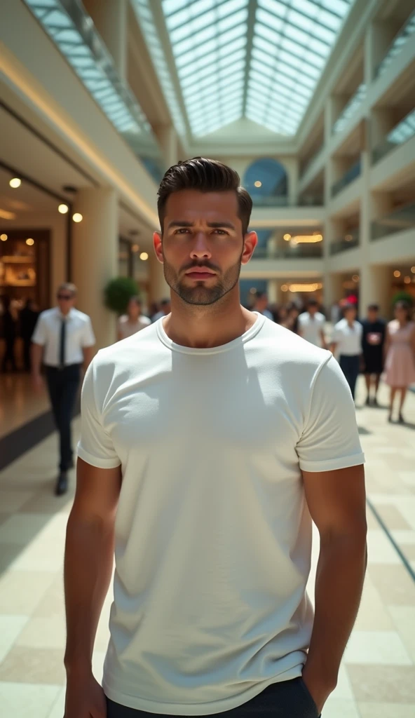 A guy with white t-shirt standing at a shopping mall, cinematic, masterpiece, high-aesthetic, realistic