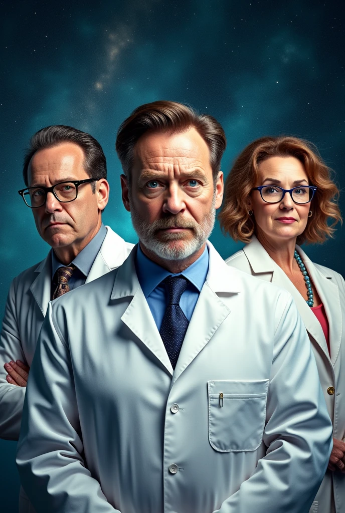 Scientist show poster onpar with Big Bang Theory show and Breaking Bad. Richard Wilson on front with a dry look, Jim Carrey on his left with his usual wacky look and Bess Wohl with glasses to his right. All three wearing white lab coats..