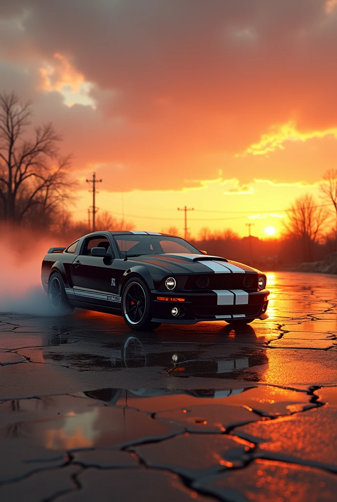(photorealism:1.2),soleil couchant, parking extérieur désaffecté,sol humide, Ford mustang GT 2005 noire bandes blanches persienne sur vitre arrière, en mouvement drift