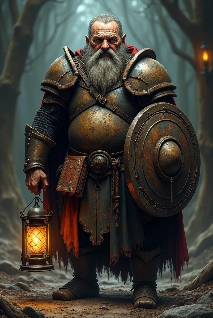 A dark grim fantasy dwarf wearing rusty full plate armour, skinny middle-age, with a long beard short hair, holding a lantern in one hand and a shield with the other, an ancient spell book tied to his belt