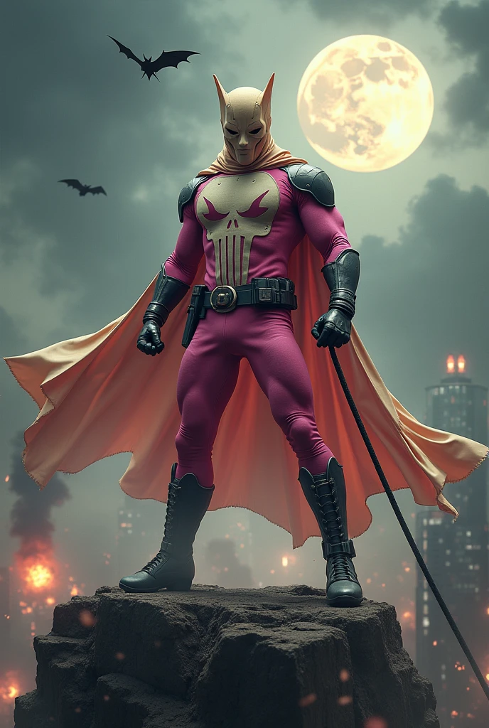 Malaysia man in high-tech suit, vivid effects, malaysian superhero (KELUANG MAN) in a striking pink and beige costume cyberpunk design, mask small mini bat ear beige, daredevil beige mask, jumpsuit dark pink stands confidently in a dramatic.jumping from high place.hero costume.one hand rise up. Big triangle logo on the chest.high detail Punisher logo on the chest. Fighting pose , stormy landscape. ((Head covered node guard like batman. Running pose , athletic body type, small mini ear bat mask))The character wears domino mask a helmet with pointed mini torn ears and a flowing cape biege, open nose and mouth. Equipped with visible futuristic weapons on a belt,bullet proof jacket pink dark day.show fingers pose, dark night, big supermoon effect . Small logo on chest triangle shape small punisher logo center(( skull triangle Casey Jones mask shape logo)) center on chest pink logo mini logo . rocky. Building top.smoke ground , bomb effect background, losse pants, losses costume.adding to --ar 3:4 --style raw --stylize 500 --v 6.1. chaos. Lot of small flying bat. One leg on the high stone. Man. Wear hologram watch.. Real man age 40 year old. One hand holding belt.one hand holding black rope hanging on building. Big pant pink. Beige cape joodie.(( Loose pant)) , jump on high building)