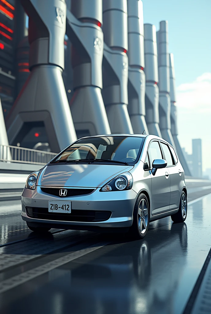 a 2006 honda fit car with license plate Z1B-412 in silver color for computer wallpaper in a futuristic place