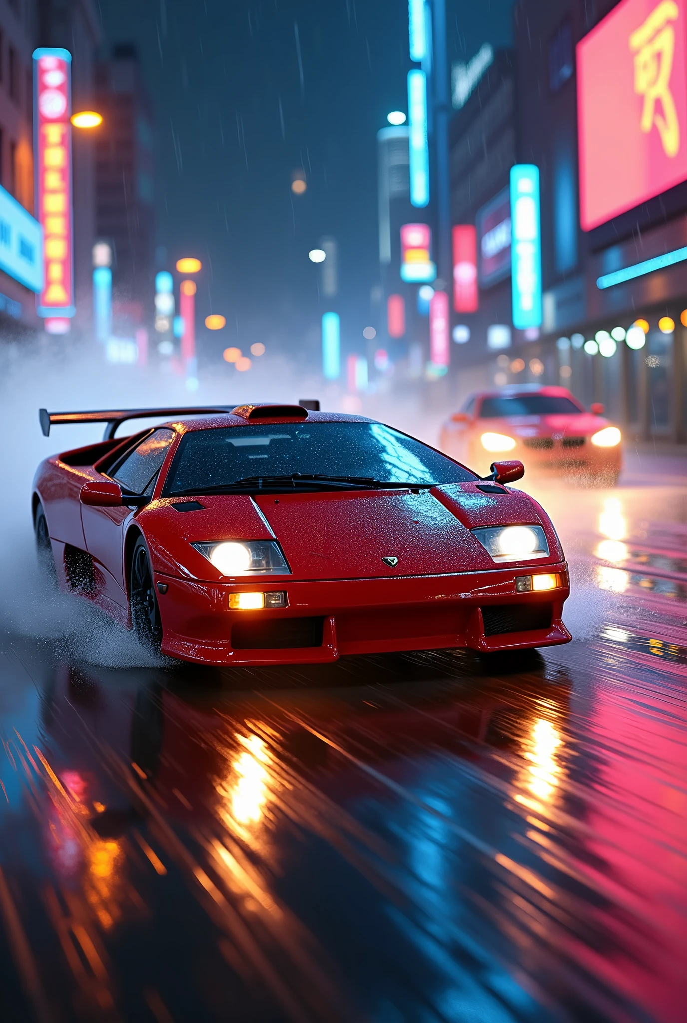 Lamborghini diablo sv drifting chase, action shot, high speed, night life, heavy rain, lens flare, intricate, elegant, highly detailed, realistic, concept art, matte, sharp focus, hearthstone