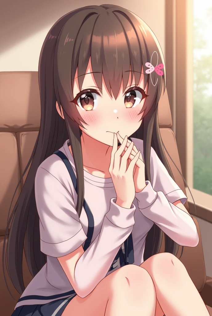 Lolita,???,NSFW,light brown hair,big purple eyes,Nice smile、Pink uniform、frills、Red cheeks、thin eyebrows、pink ribbon、long hair, Little Girl, child, 10 yo, Black knee high、flat chest、small nipples、 ((???? juice, Sweat, Sweatdrop)), (((spread ????,Not Safe for Work))), ((ure-thra)), nip,((cli-toris)), urinates, ????, spreading her pussy to the limit、?????、Uterus、clitoris、urethra、Squirting、beautiful feet、clean hands、droopy eyes、Big eyes、White Mini Pleated Skirt、つま先までBlack knee high、Sparkling eyes、Her pink panties hang around her knees.、