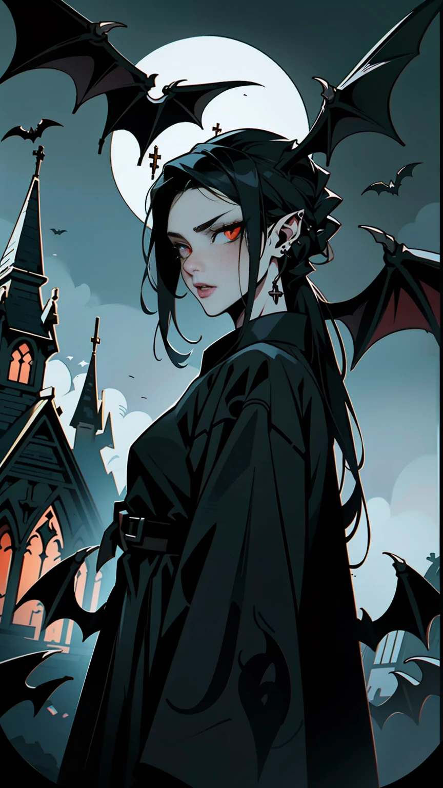 church in the background, vampire male with bats at his side, red eyes, black hair,