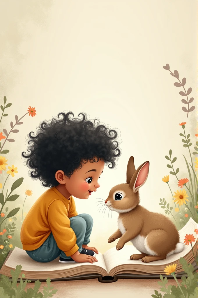age with black and curly hair play with rabbit , the scene is a illustrated book