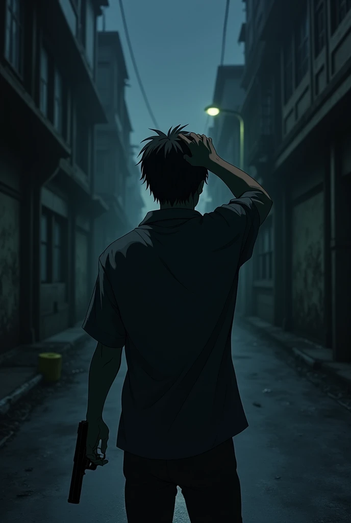 The image is anime style with shadows and dim lights, anime style although somewhat adult and dark, It shows a man with his back turned pointing the tip of a gun at his head with a gun. The background of the image is a street road. it is day