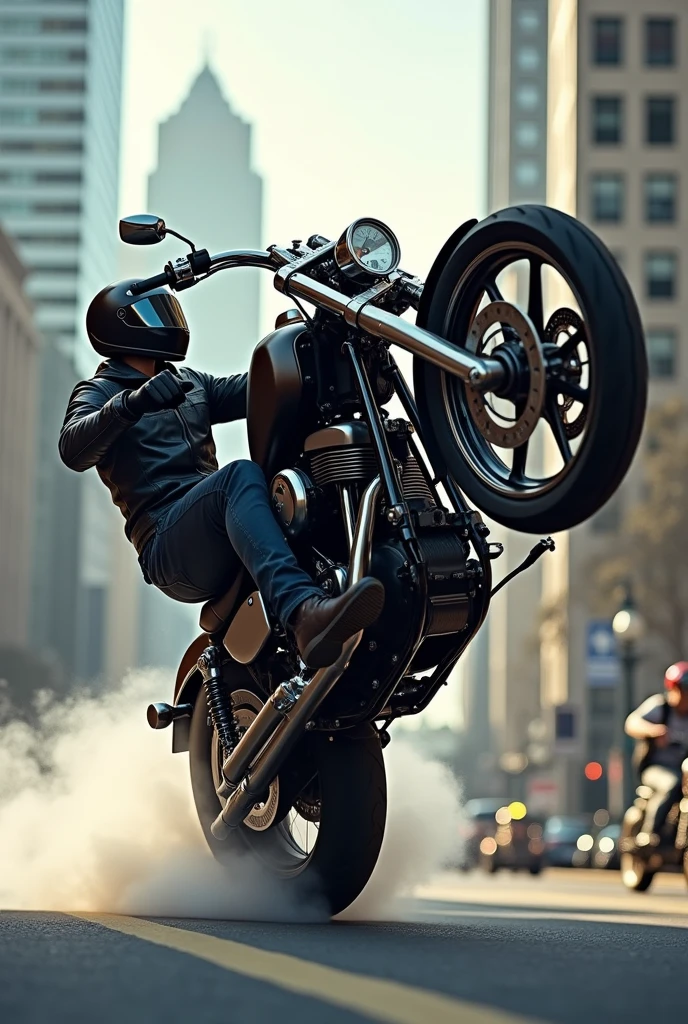 A guy doing a wheelie on a motorcycle 