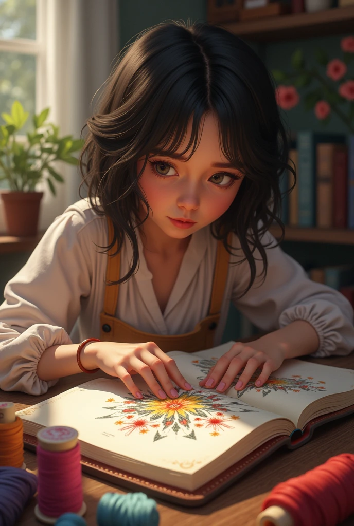 Text: "First, Choose a simple design. Clara opts for a flower."
Image: Clara looking at a flower pattern in an embroidery book, with the colored threads on the side.