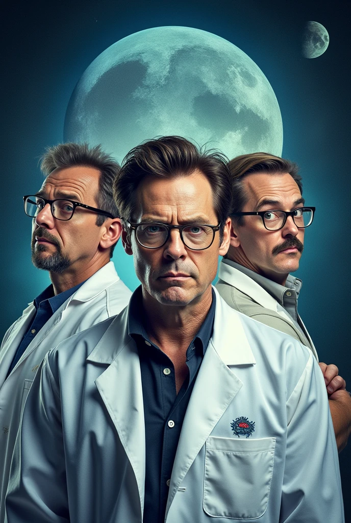 Scientist show poster onpar with Big Bang Theory show and Breaking Bad. Richard Wilson on front with a dry look, Jim Carrey on his left with his usual wacky look and Bess Wohl with glasses to his right. All three wearing white lab coats..