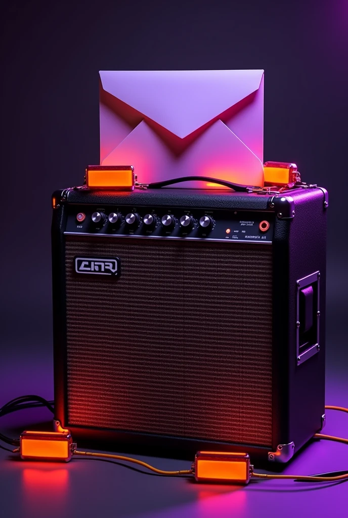 Bass amp with a letter envelope on top and orange pickups on top , all this with purple lighting