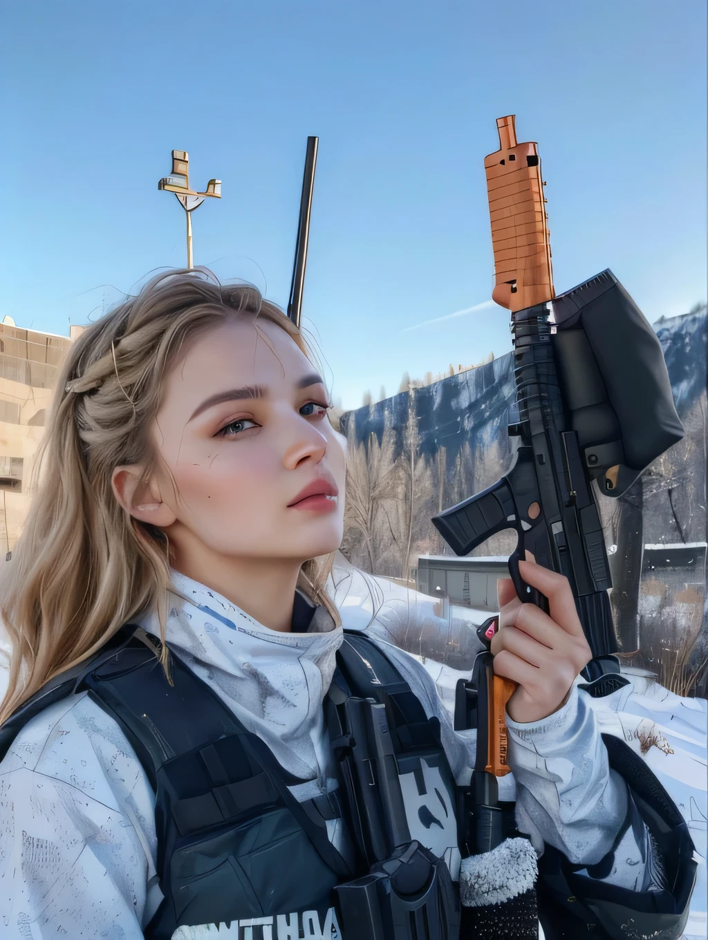 a woman holding a warrior gun and a gun in her hand, with rifle, dasha taran, headshot profile picture, olya bossak, 1 , anna nikonova aka newmilky, 1, profile picture 1024px, with pistol, headshot, aleksandra waliszewska, pokimane, ready for combat, call of duty vibes