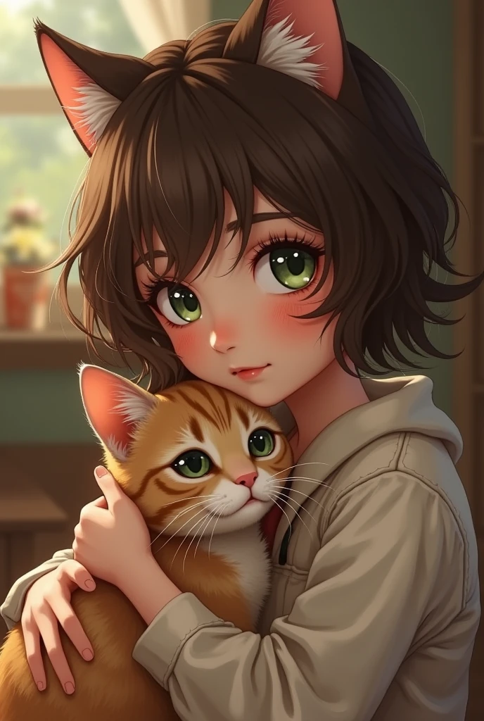 Teenage girl with short brown wavy hair, He has dark green eyes. has cat ears. He is carrying a brown cat