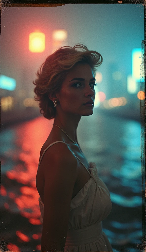 experimental dark aesthetic style polaroid, dizzy effect, Dramatic lighting, mirrorglass effect, candid photo, pulp fiction 00s aesthetic, fine grain, neon, ascii, bokeh, pointillism, New York with Princess Diana by seaside used aesthetic color