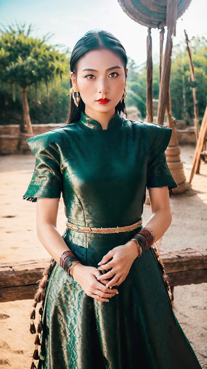 ((Realistic, cinematic, epic, Masterpiece: 1.3)), (raw photo:1.2), Hyperrealist portrait gorgeous Beautiful Chinese tribal female warriors, 30 years old, beautiful serious face, wrinkled face, beautiful detailed charming eyes, (pretty breasts: 1.1), ((dark green native warrior chainmail armor: 1.1), (tribal brocade fabric armor), (sexy dark green tribal warrior dress)), tribal loin cloth, tribal jewelry, tribal warrior headband, hand holding spear, tribal background, legendary warrior style, full body, standing pose, professional photography, font view, very detailed faces, (red lips, natural makeup: 1.5), Best quality, 8K, ancient style